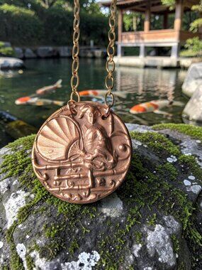 Chinoiserie Pendant, Hand Cast Copper Lady with a Fan